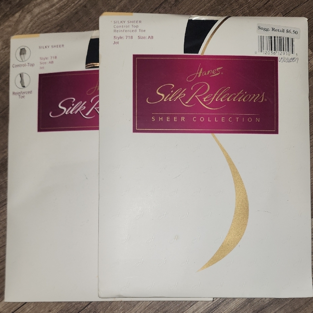 Hanes Style Silk Reflections Control Top Pantyhose Size AB Jet New, 2 Pack